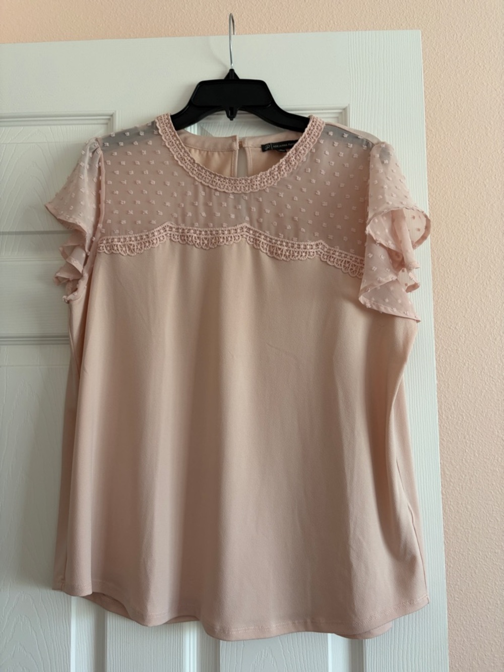 Adrianna Papell Blush Swiss Dot Lace Yoke Flutter Sleeve Blouse